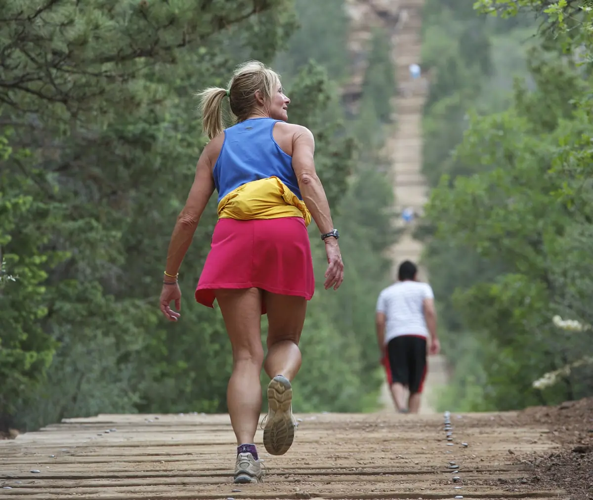 Hikers climbing the steps of the Manitou Incline