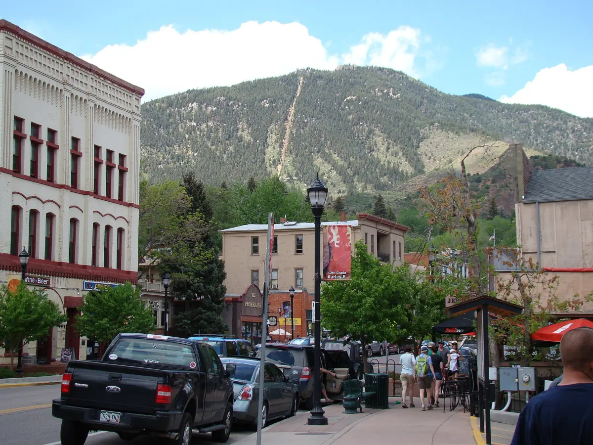 The Manitou Incline visible on the mountainside above town