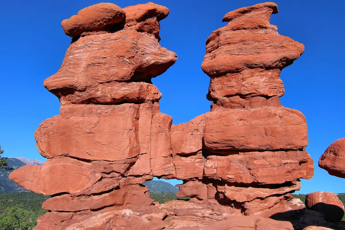 The Siamese Twins rock formation against a blue sky